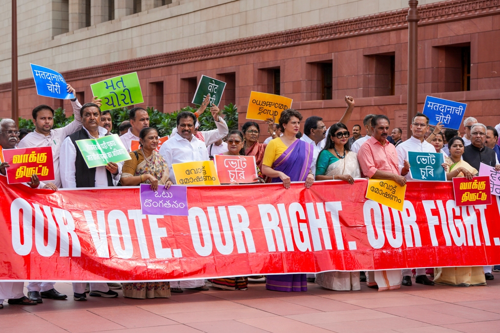 INDIA bloc MPs protest over Bihar SIR in Parliament premises