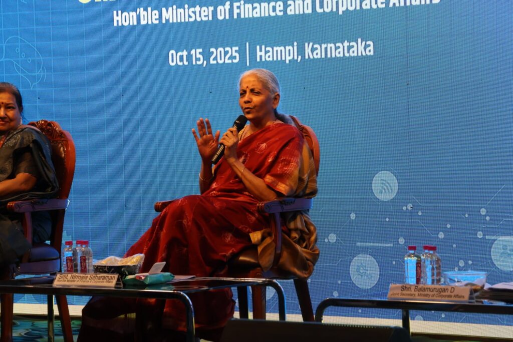 Union Finance Minister Nirmala Sitharaman interacts with interns of the Prime Minister Internship Scheme in Karnataka