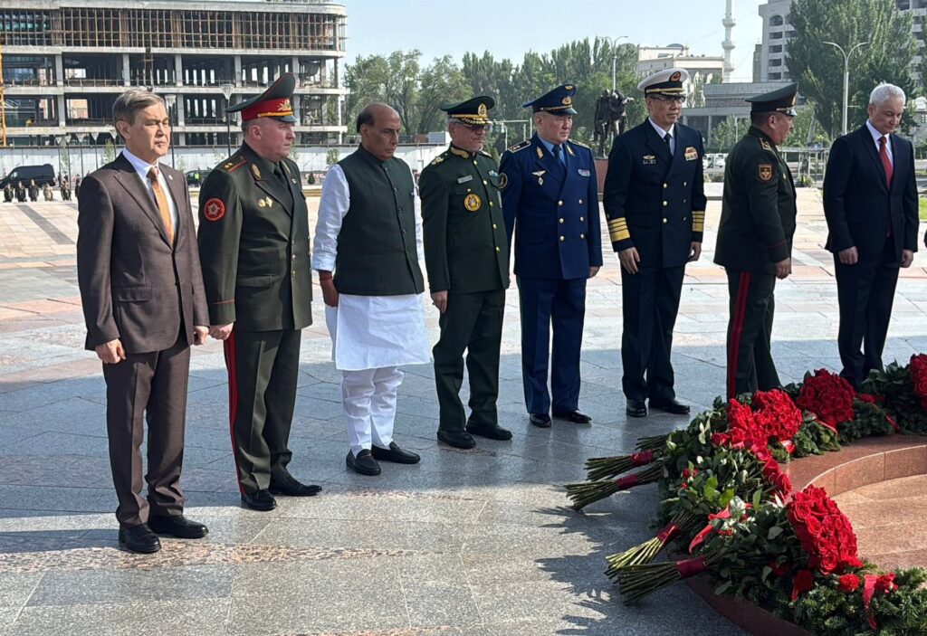 Defence Minister Rajnath Singh pays tribute to fallen heroes at Victory Square in Bishkek