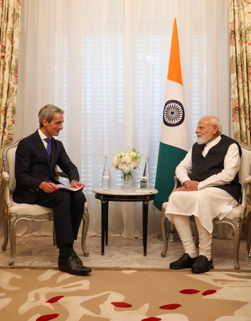 Prime Minister Narendra Modi meets Saint-Gobain CEO Benoit Bazin in Paris