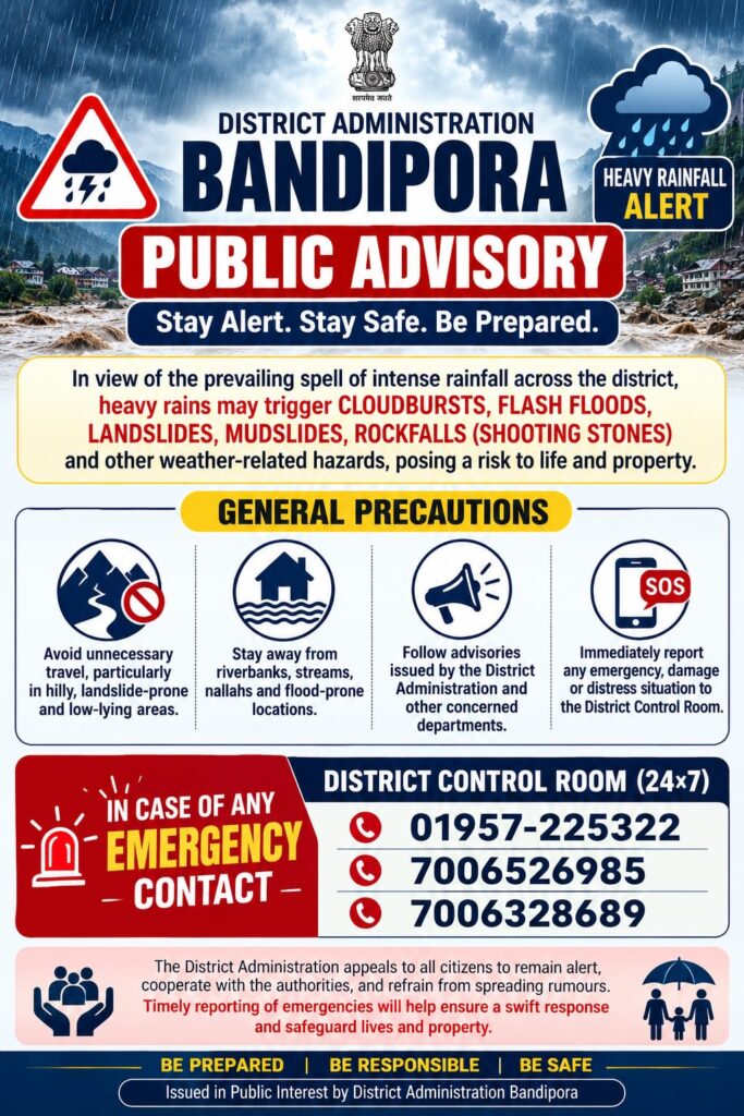 District Administration Bandipora issues Public Advisory amid Heavy Rainfal