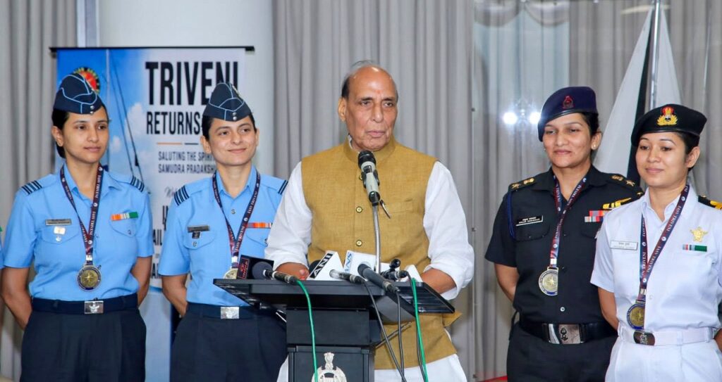 Defence Minister Rajnath Singh felicitates crew of IASV Triveni for completing first-ever all-women Tri-services circumnavigation sailing expedition