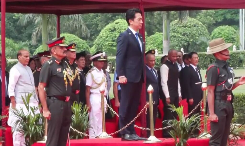 Japanese Defence Minister Shinjiro Koizumi inspects Guard of Honour in presence of Defence Minister Rajnath Singh