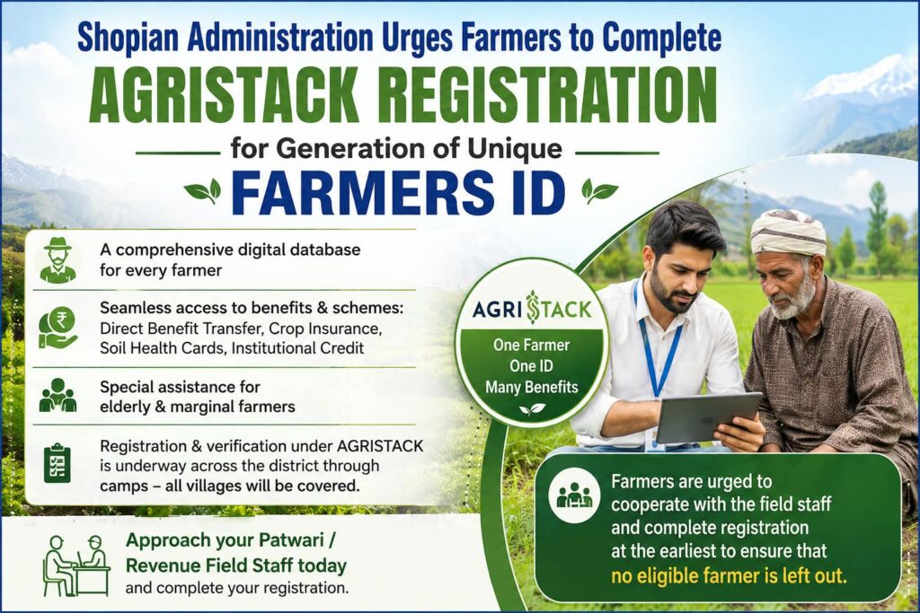 Shopian Administration urges Farmers to complete AgriStack Registration for generation of Unique ID
