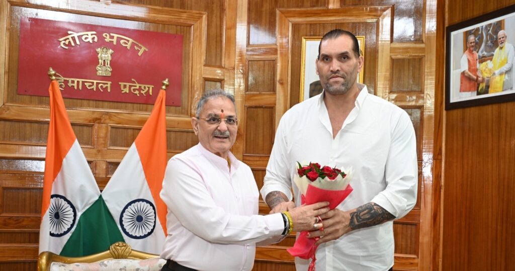 The Great Khali Meets Himachal Governor Kavinder Gupta in Shimla