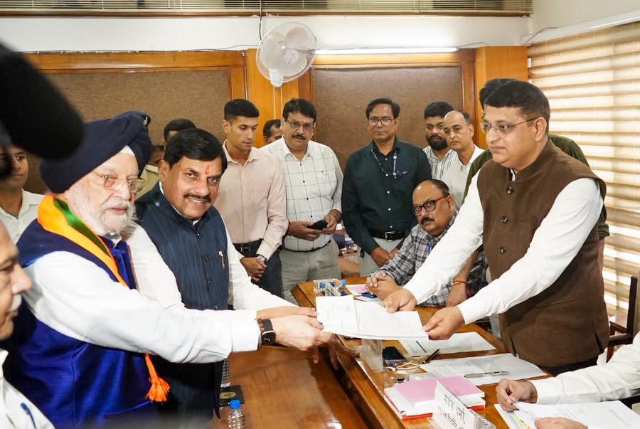 Union minister Hardeep Singh Puri files nomination papers for Rajya Sabha bypoll from Madhya Pradesh